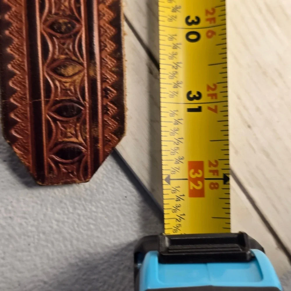Vintage Tooled Leather Western Belt Horse Head Solid Copper Buckle Brown 32in